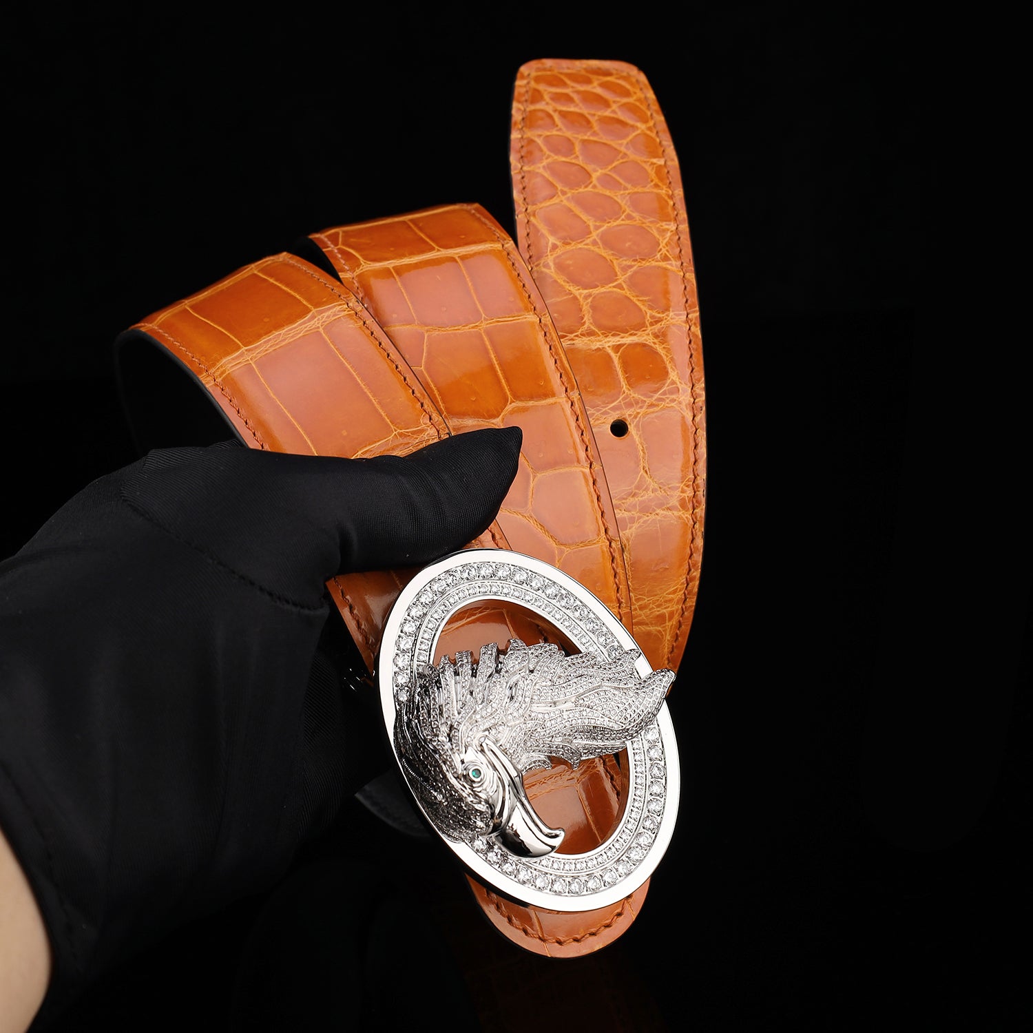 BELTLEY Royal Cognac Orange Glossy Crocodile Belt
