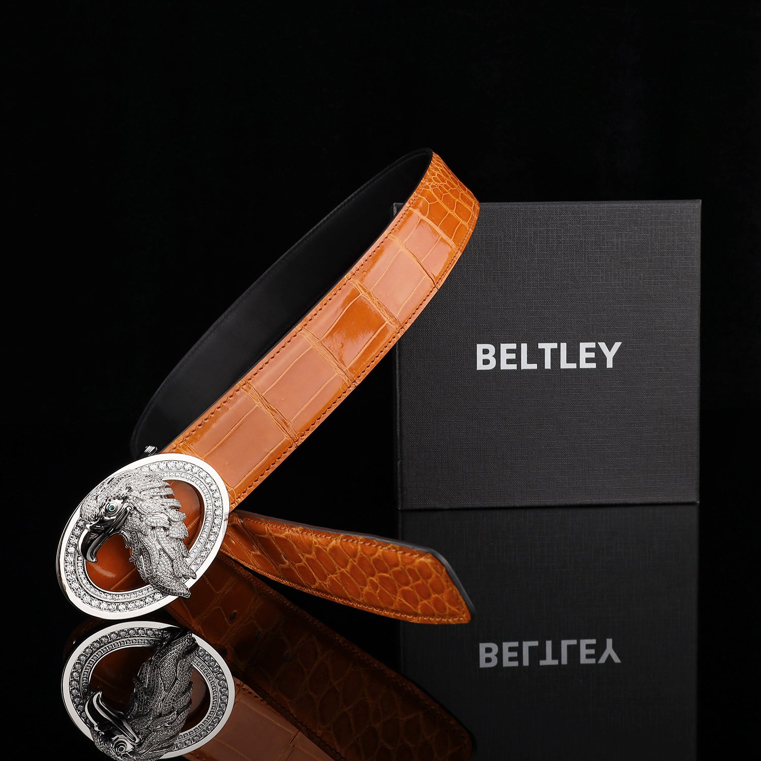 BELTLEY Royal Cognac Orange Glossy Crocodile Belt