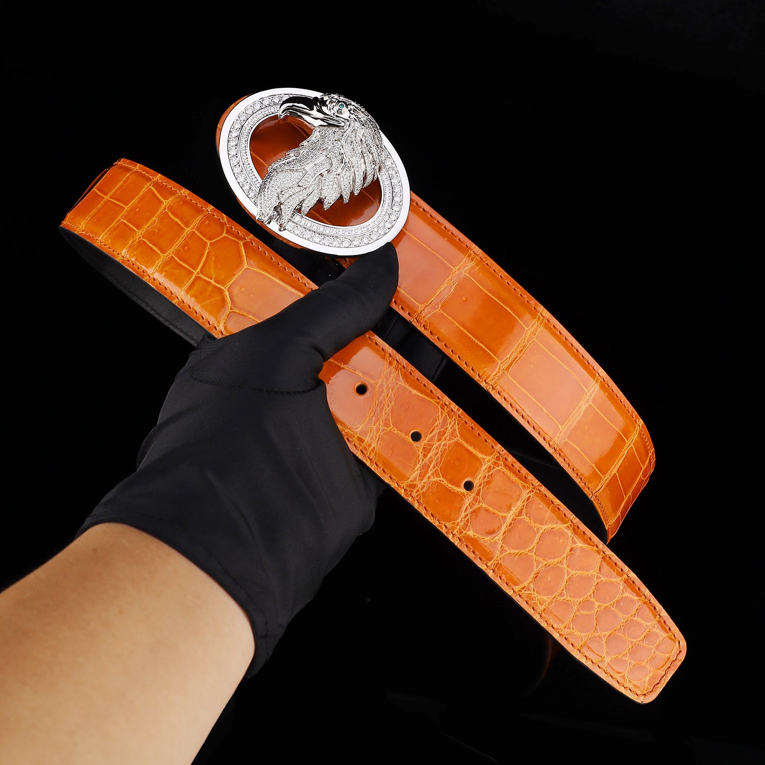 BELTLEY Royal Cognac Orange Glossy Crocodile Belt