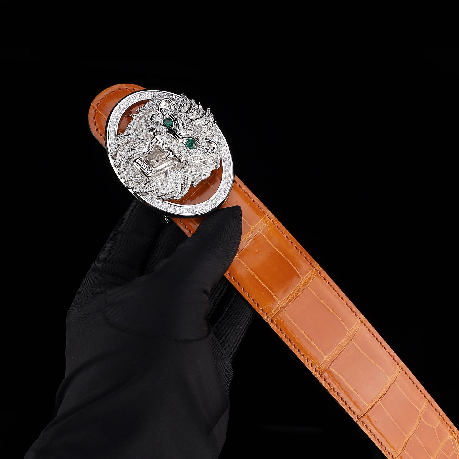 BELTLEY Royal Cognac Orange High Gloss Crocodile Belt For Men