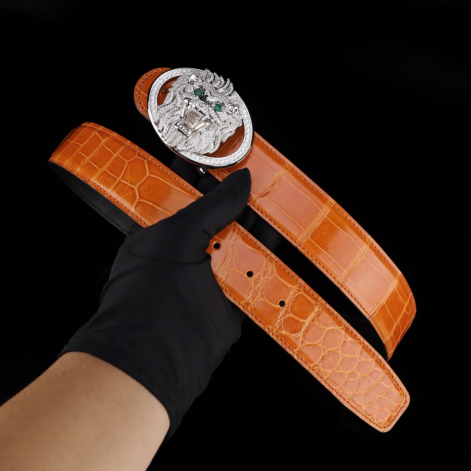 BELTLEY Royal Cognac Orange High Gloss Crocodile Belt For Men