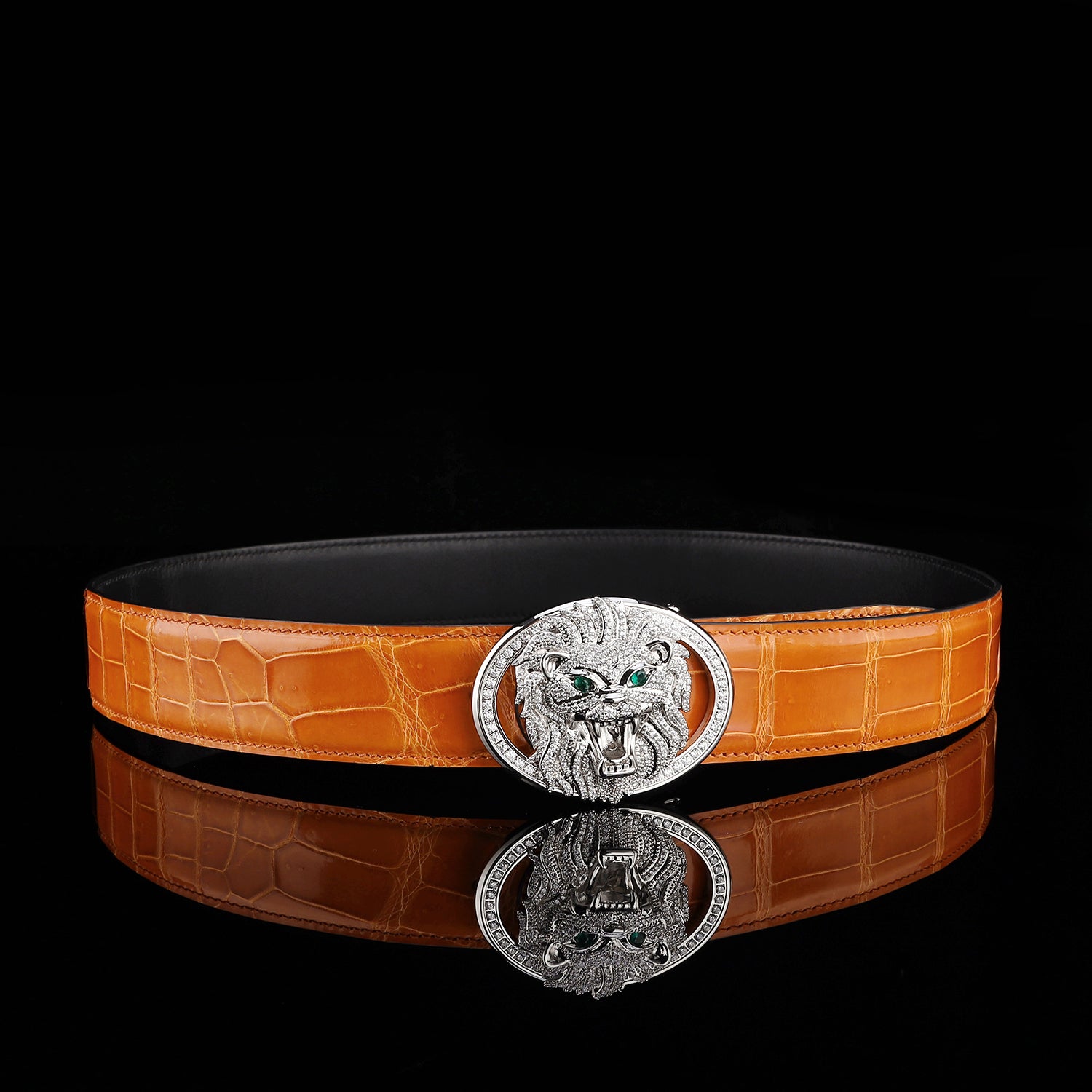 BELTLEY Royal Cognac Orange High Gloss Crocodile Belt For Men