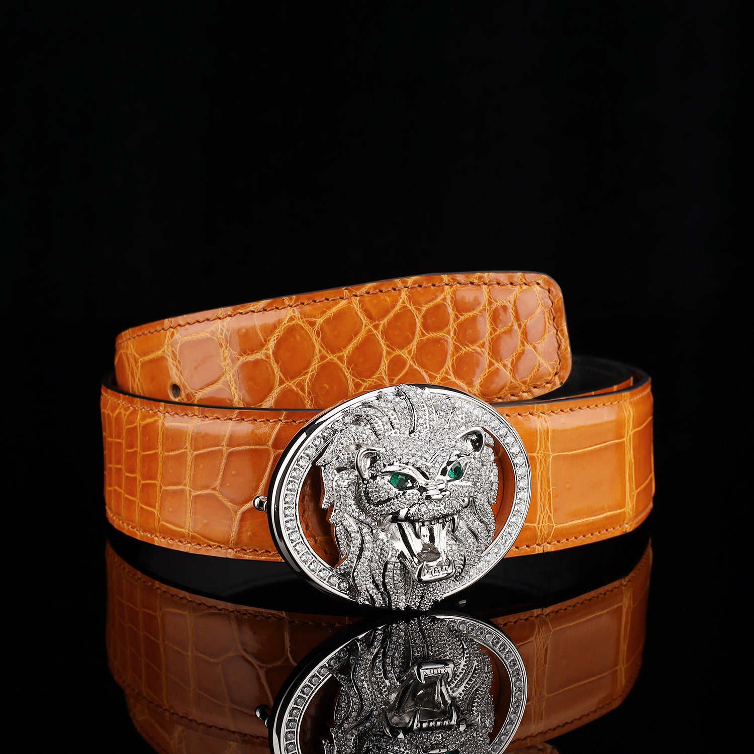 BELTLEY Royal Cognac Orange High Gloss Crocodile Belt For Men