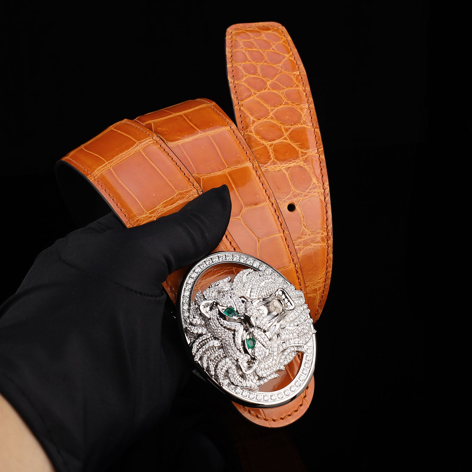 BELTLEY Royal Cognac Orange High Gloss Crocodile Belt For Men