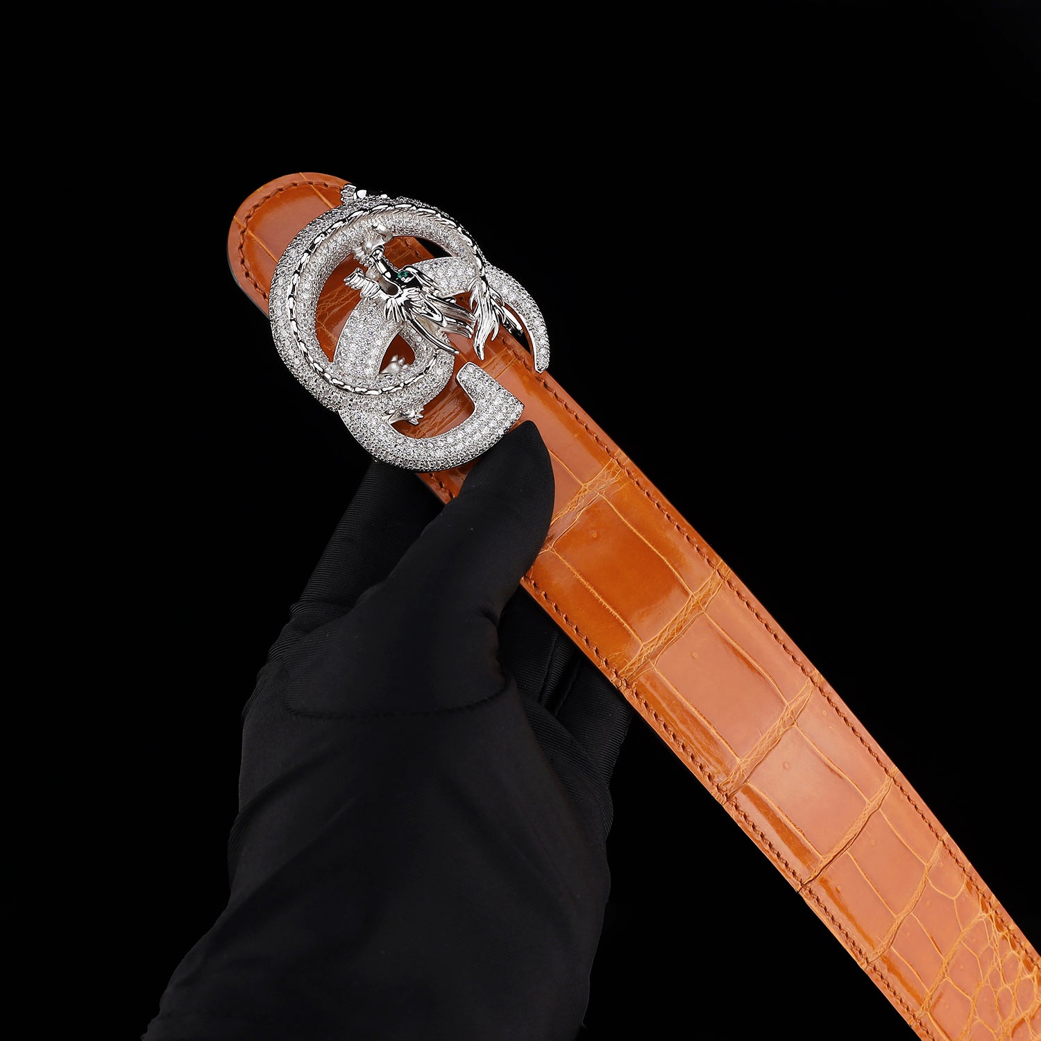 BELTLEY Royal Cognac Orange Luxury Crocodile Leather Belt