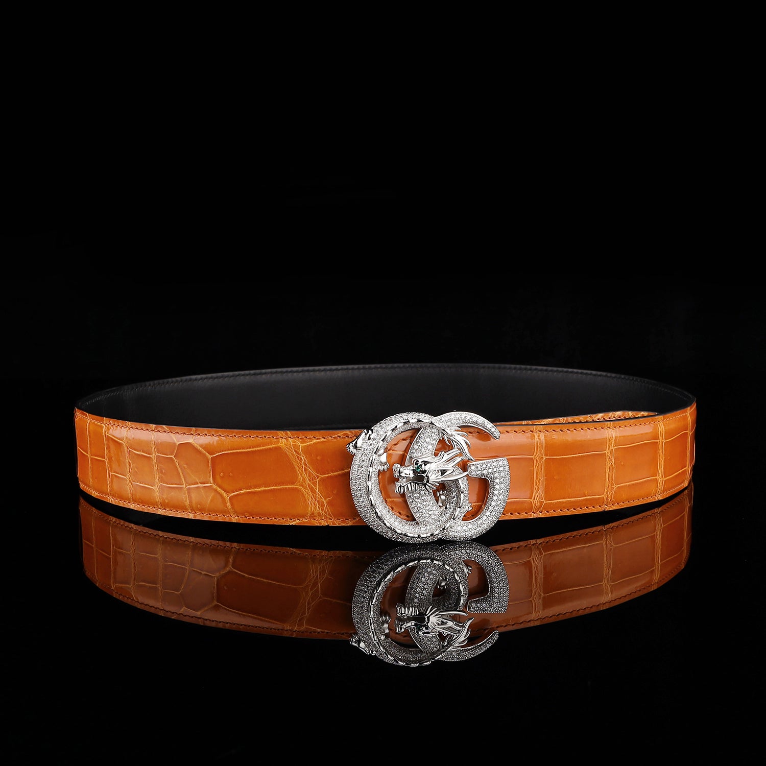 BELTLEY Royal Cognac Orange Luxury Crocodile Leather Belt