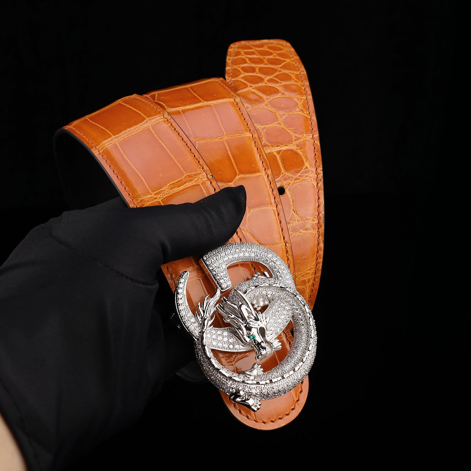BELTLEY Royal Cognac Orange Luxury Crocodile Leather Belt