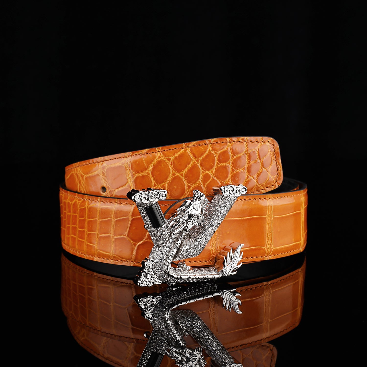 BELTLEY Royal Cognac Orange Premium Crocodile Skin Belt