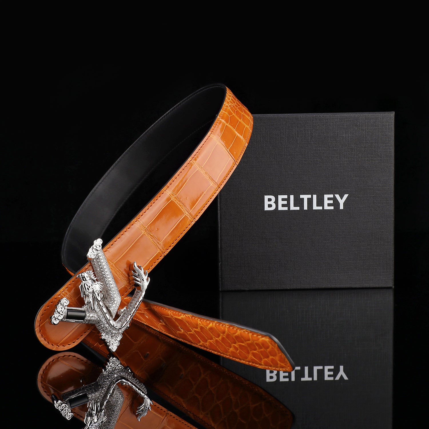 BELTLEY Royal Cognac Orange Premium Crocodile Skin Belt