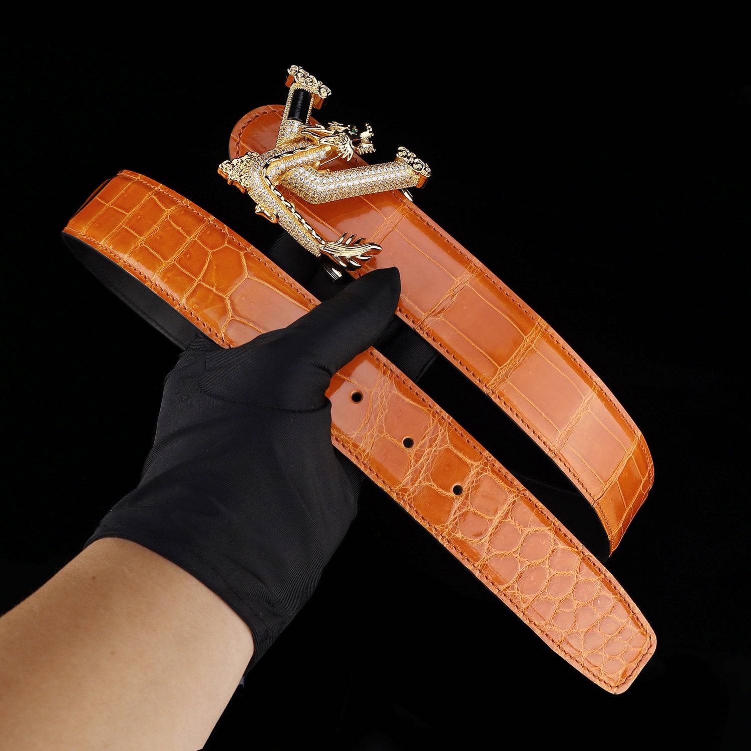 BELTLEY Royal Cognac Orange Premium Crocodile Skin Belt