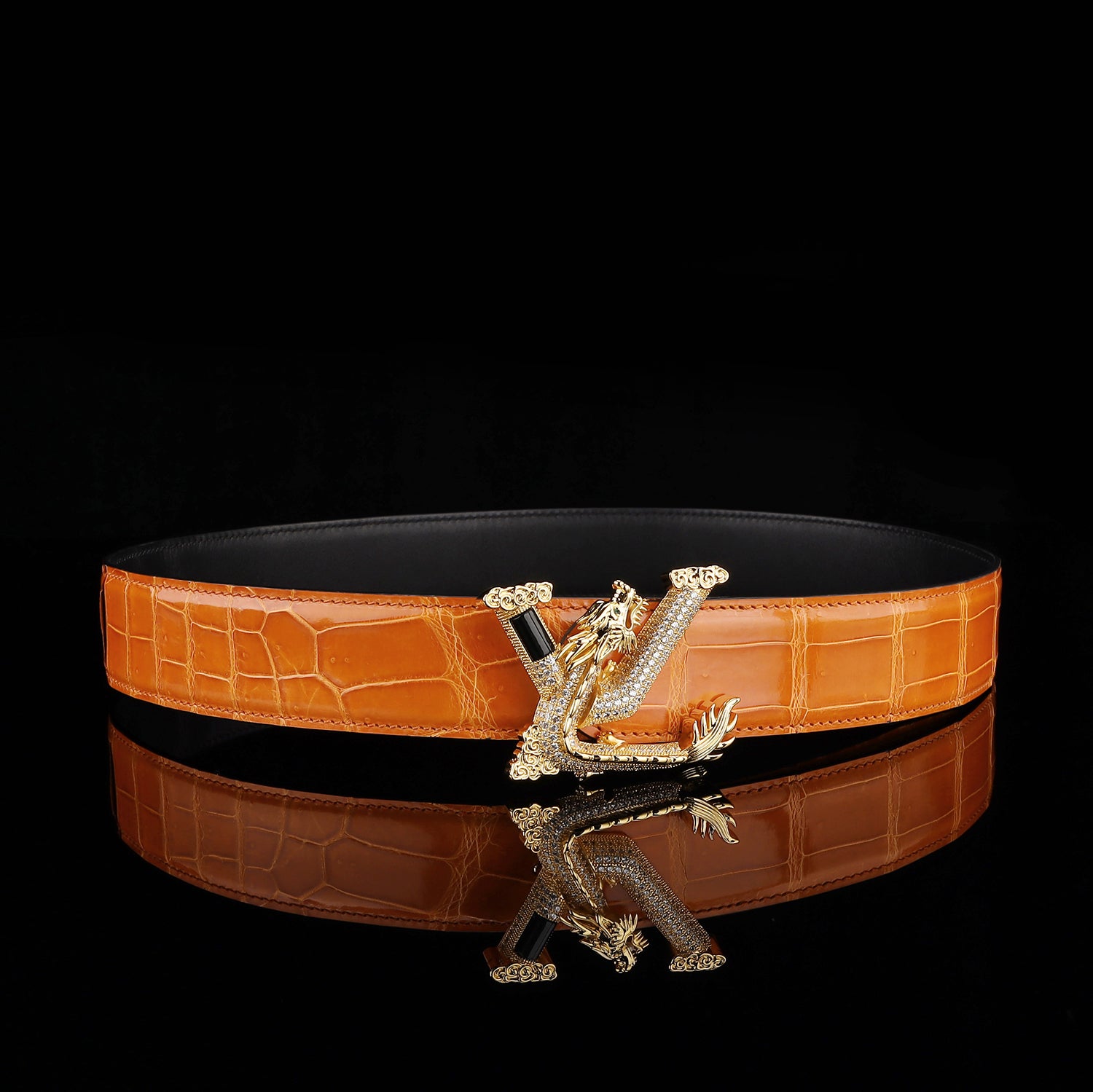 BELTLEY Royal Cognac Orange Premium Crocodile Skin Belt