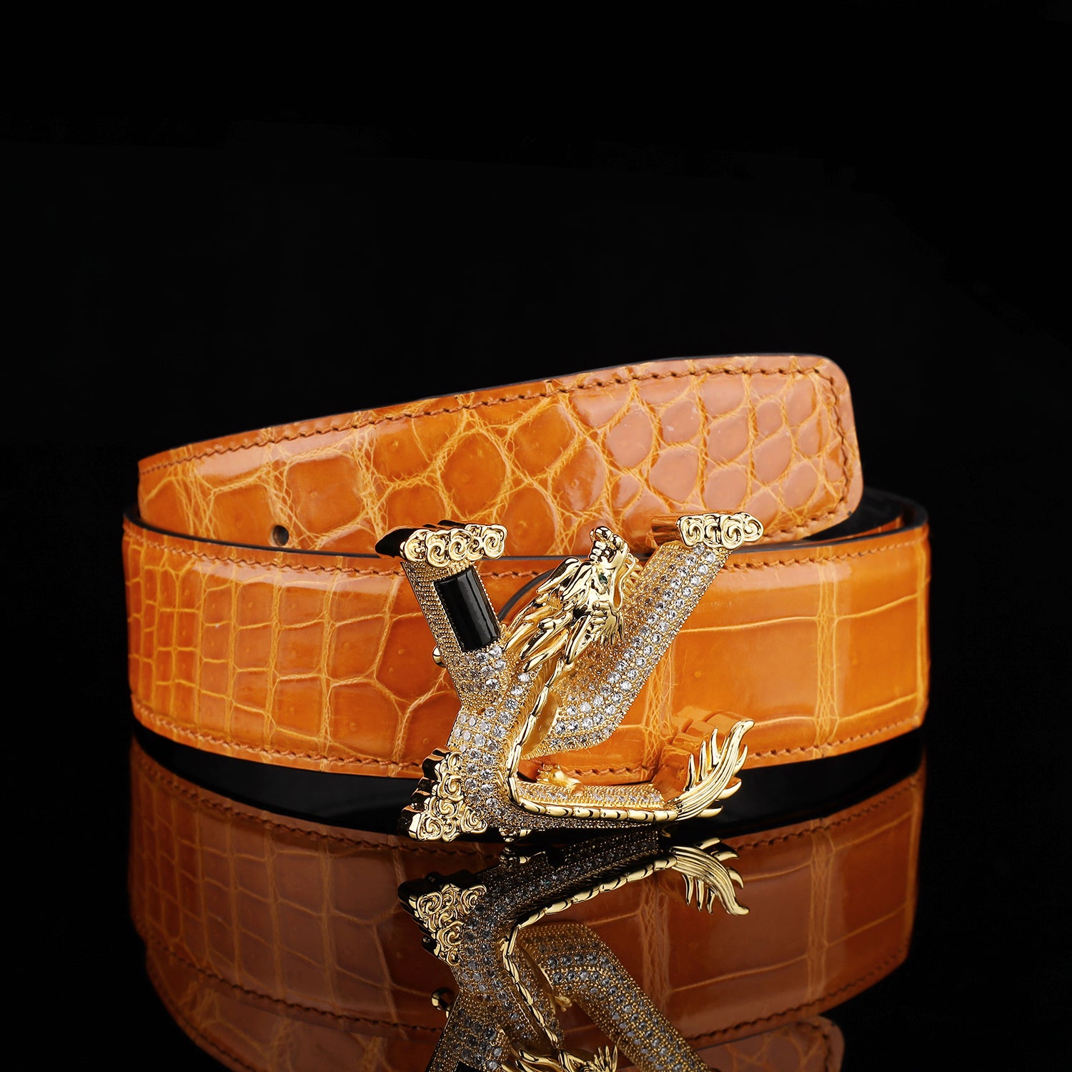 BELTLEY Royal Cognac Orange Premium Crocodile Skin Belt