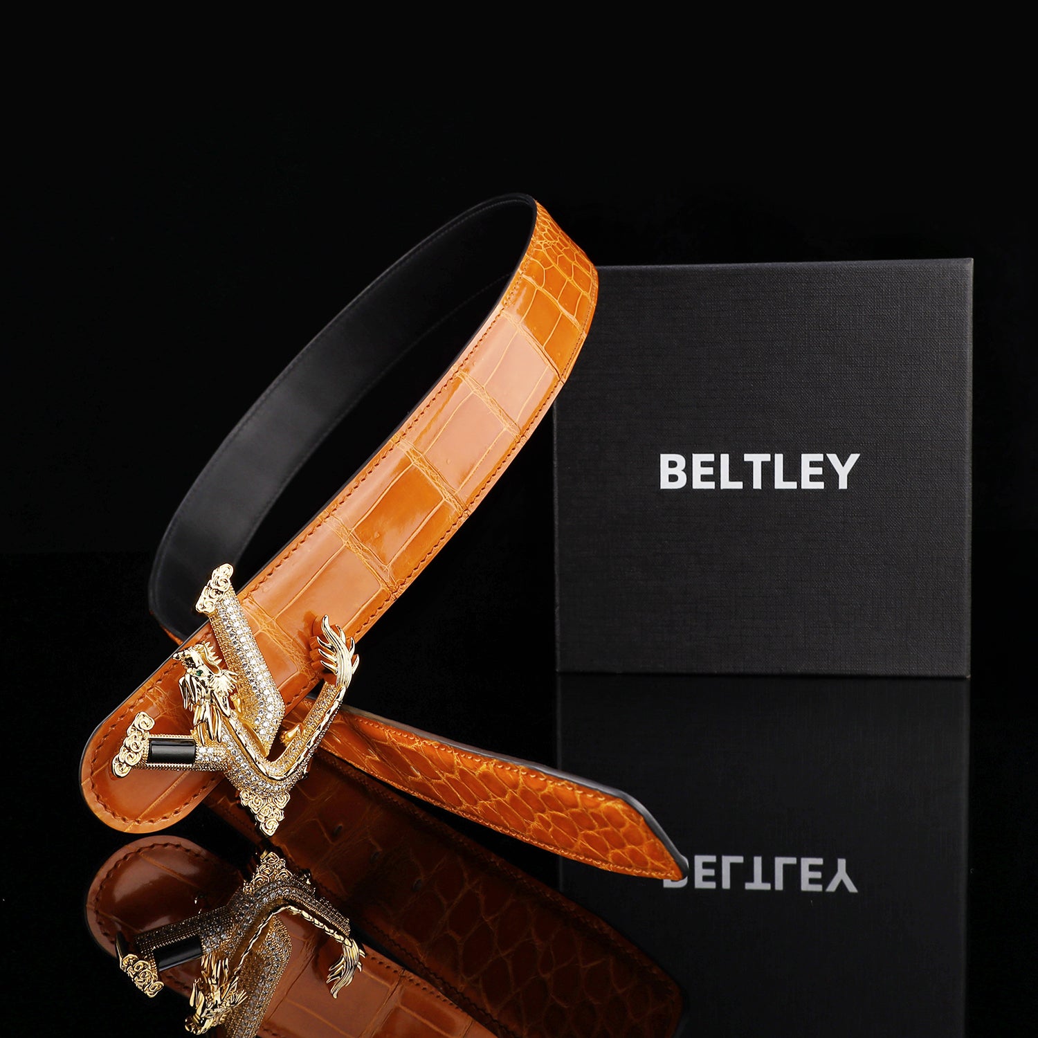 BELTLEY Royal Cognac Orange Premium Crocodile Skin Belt