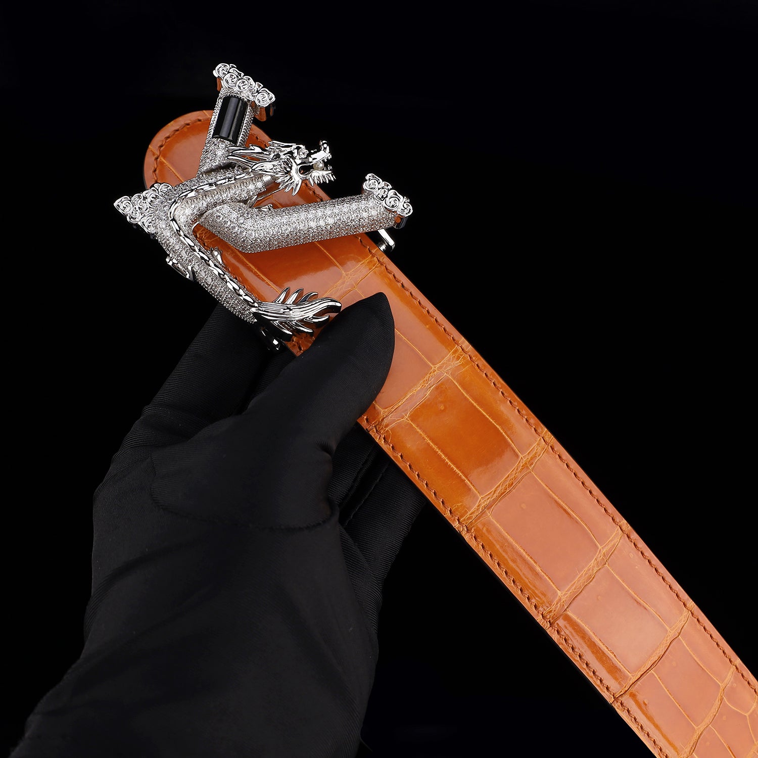 BELTLEY Royal Cognac Orange Premium Crocodile Skin Belt