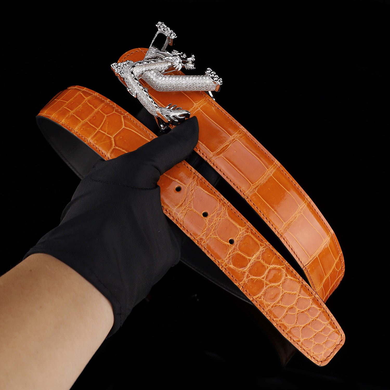 BELTLEY Royal Cognac Orange Premium Crocodile Skin Belt