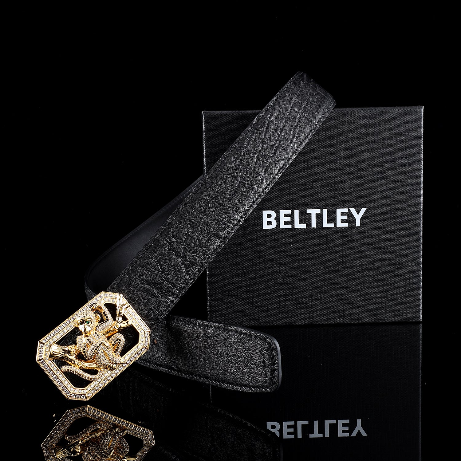 BELTLEY Signature Black Elephant Skin Belt With Monkey Buckle