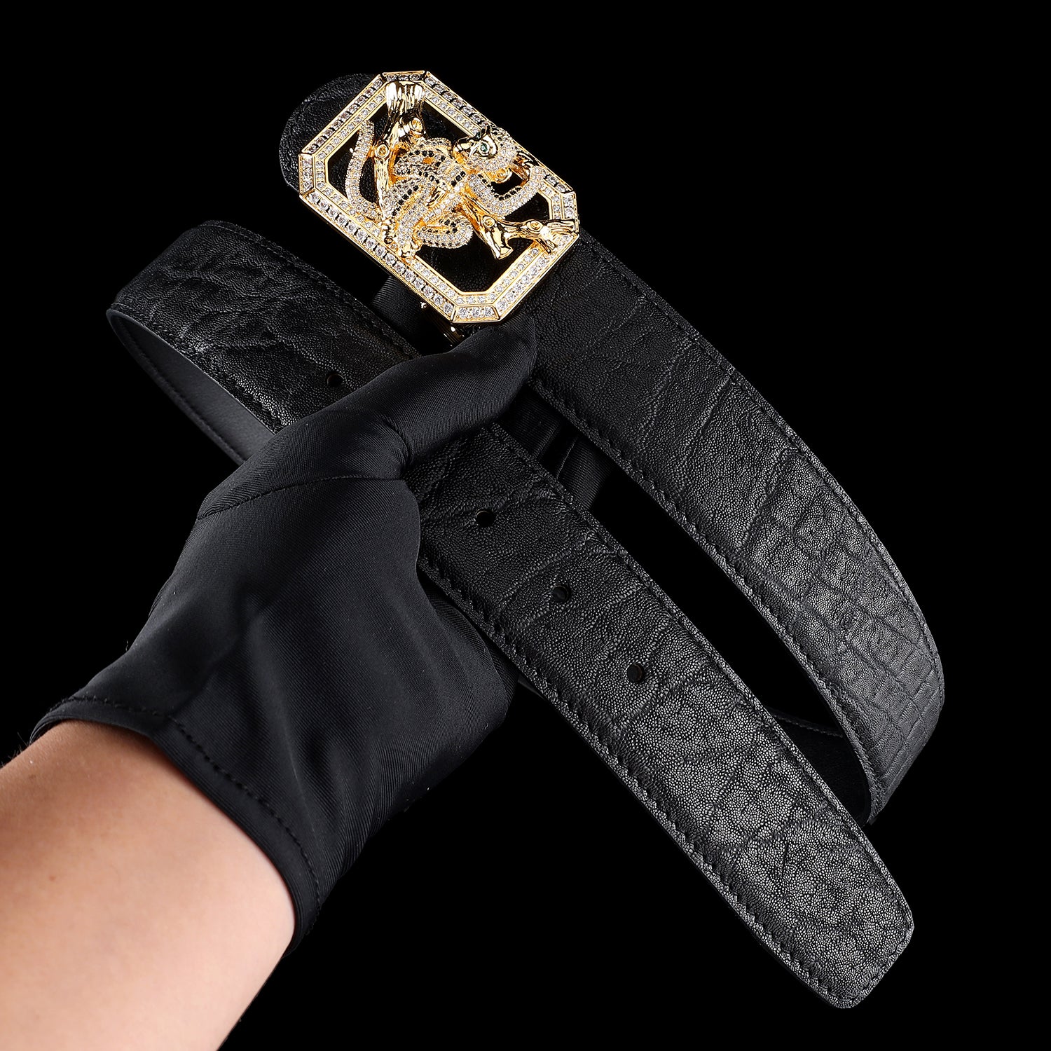 BELTLEY Signature Black Elephant Skin Belt With Monkey Buckle