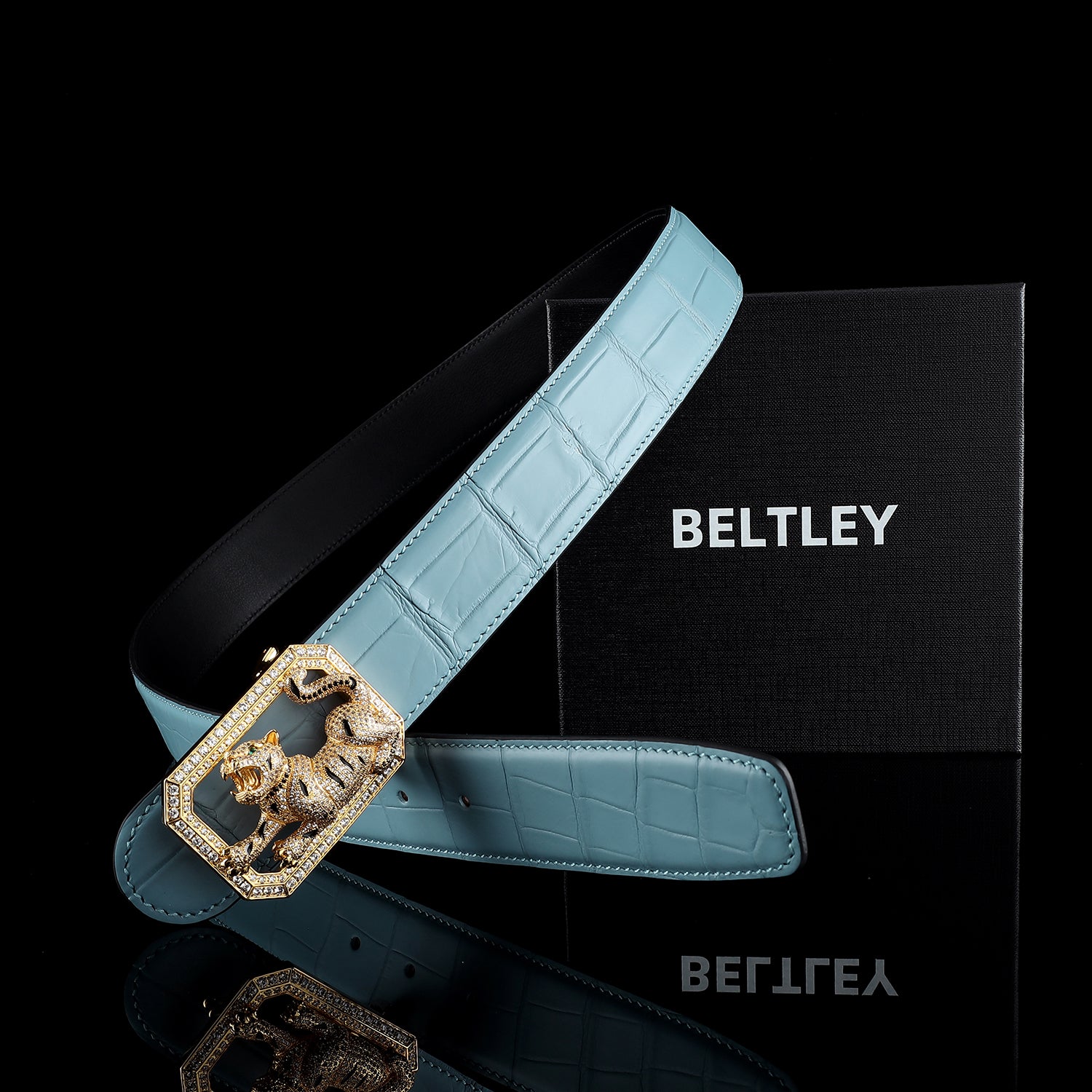 BELTLEY Signature Tiffany Blue Crocodile Belt With Tiger buckle