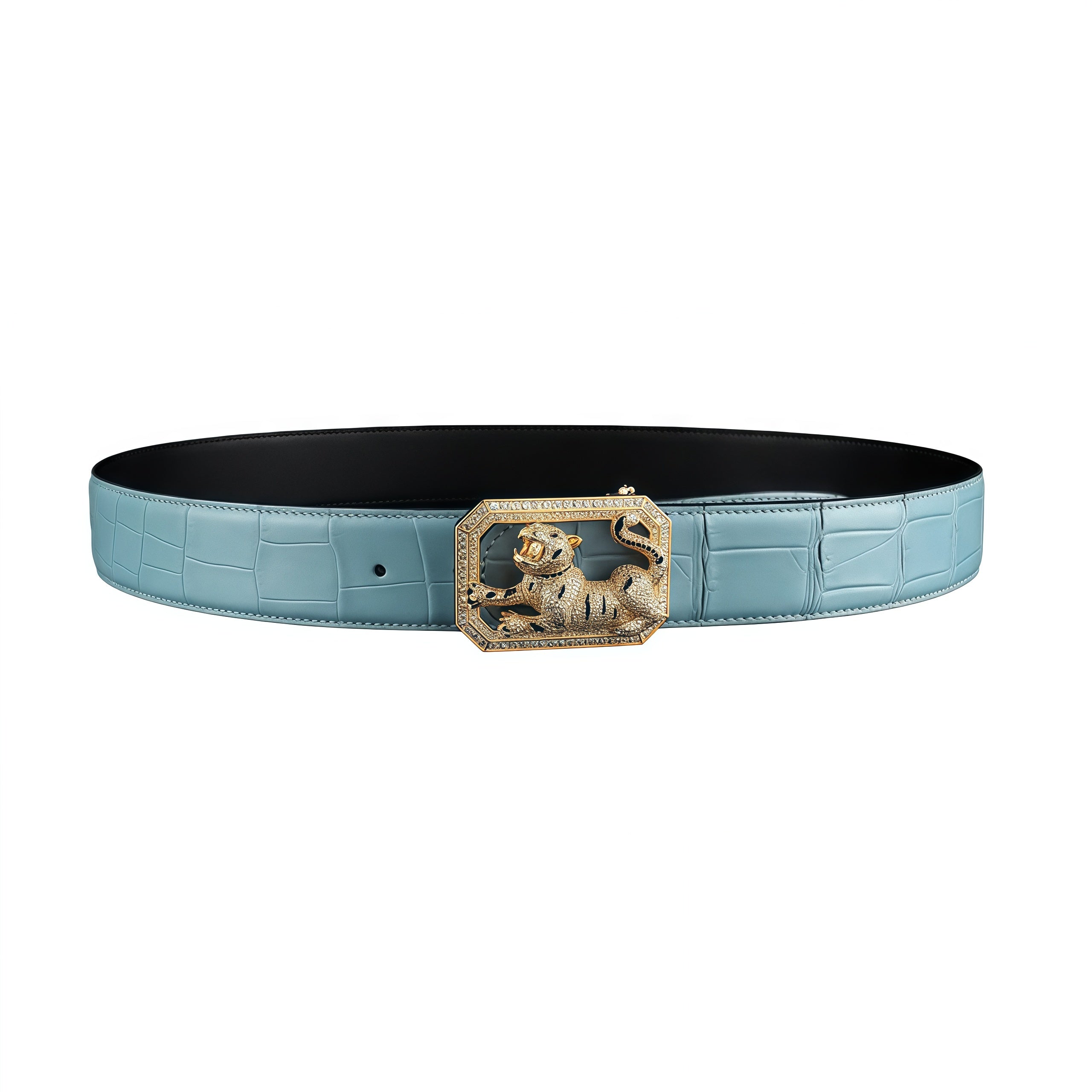 BELTLEY Signature Tiffany Blue Crocodile Belt With Tiger buckle