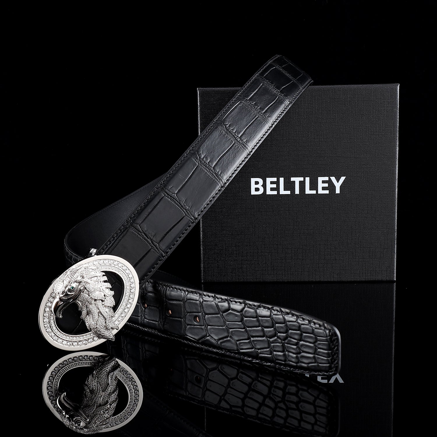 BELTLEY  Silver Eagle Buckle Belt - Black Crocodile Belly-Cut Belt