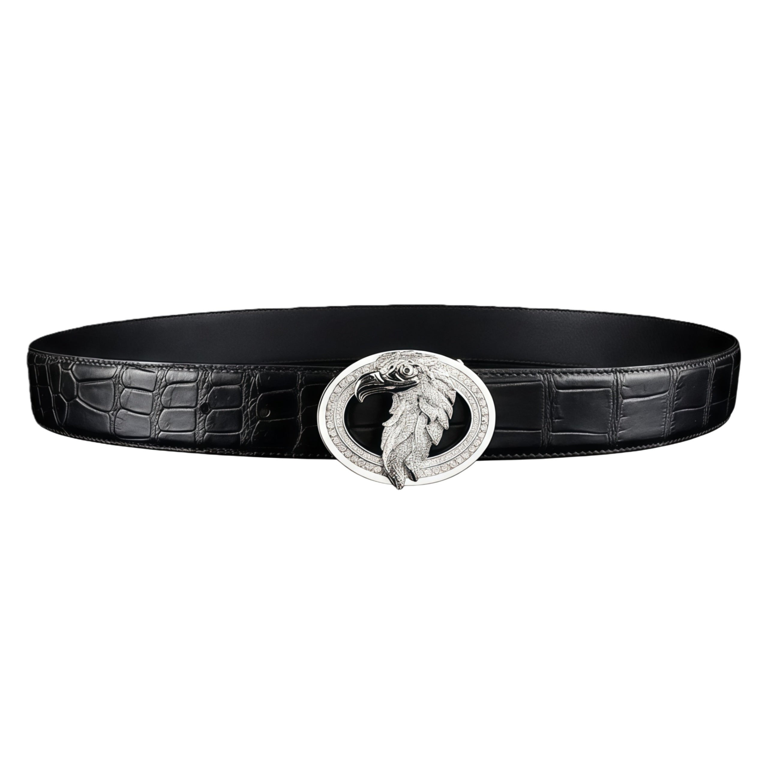 BELTLEY  Silver Eagle Buckle Belt - Black Crocodile Belly-Cut Belt