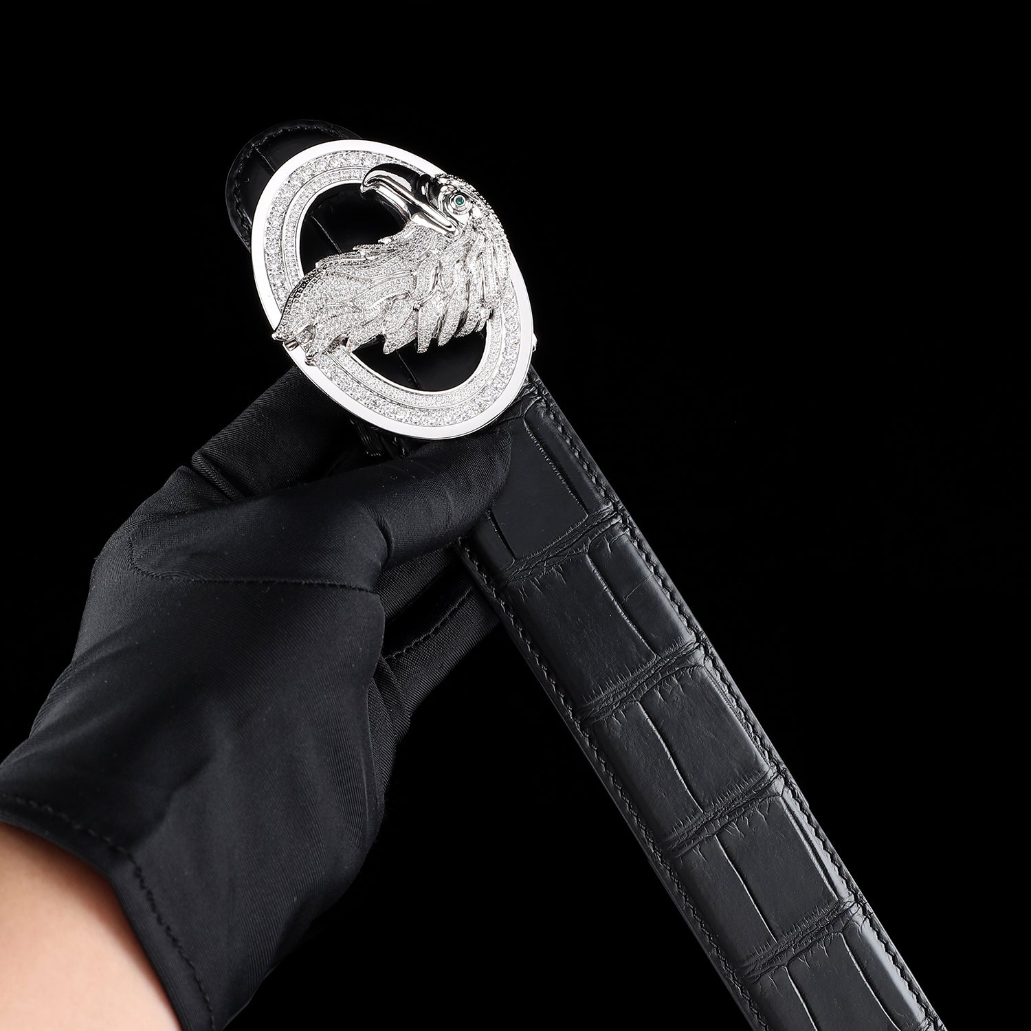 BELTLEY  Silver Eagle Buckle Belt - Black Crocodile Belly-Cut Belt