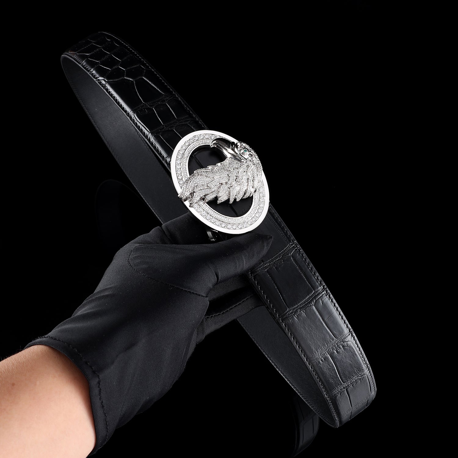 BELTLEY  Silver Eagle Buckle Belt - Black Crocodile Belly-Cut Belt