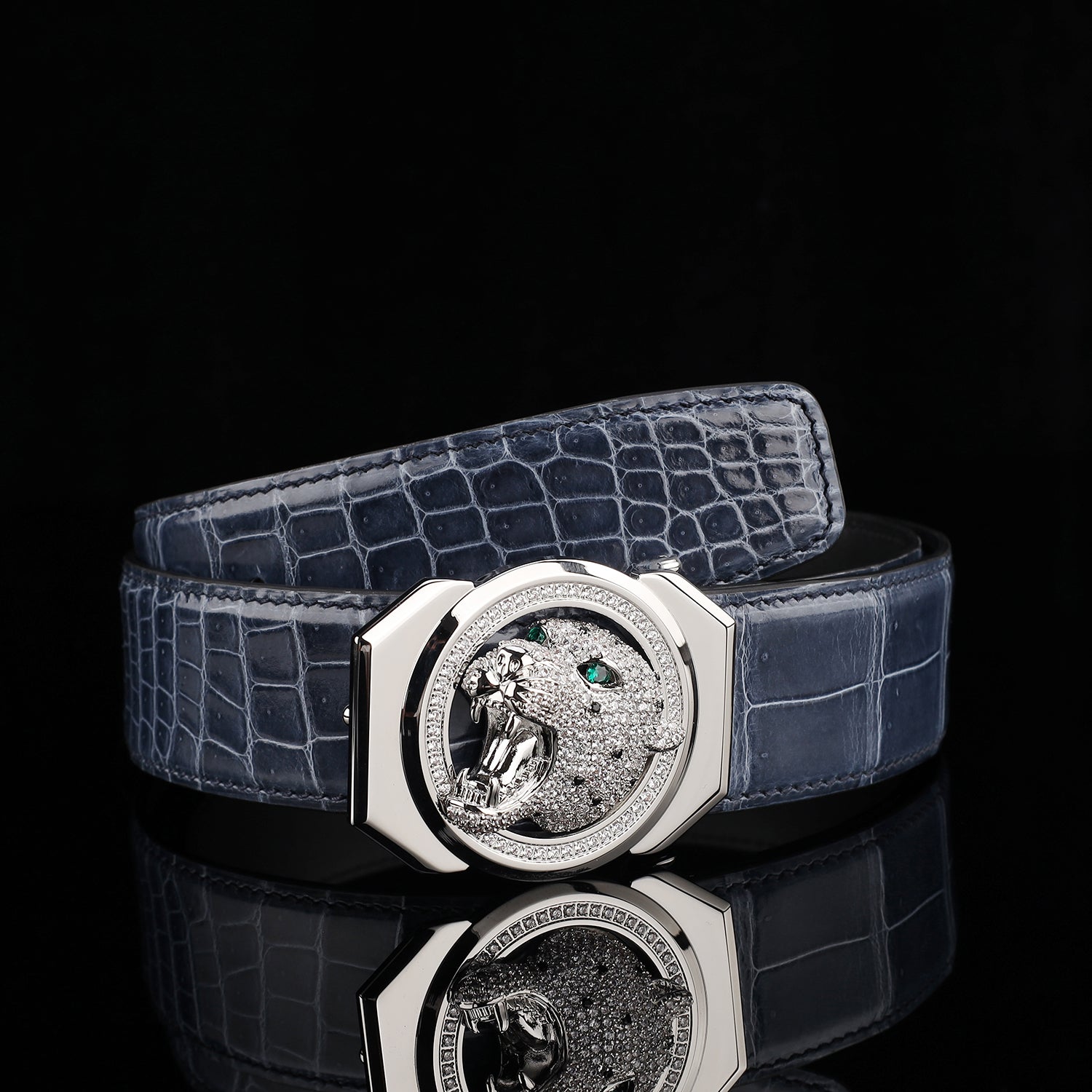 BELTLEY Storm Blue Crocodile Leather Belt – Mirror Shine Exotic Designer Belt