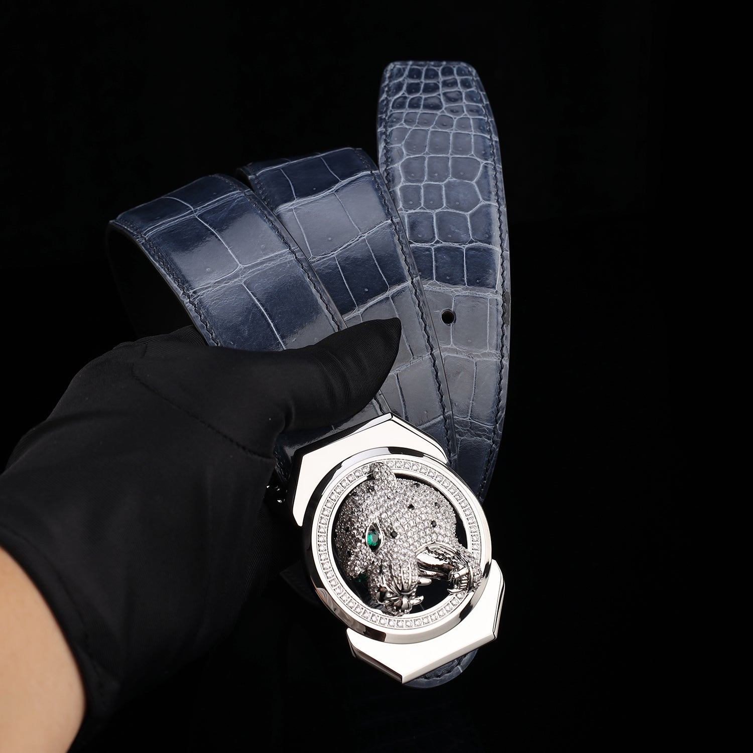 BELTLEY Storm Blue Crocodile Leather Belt – Mirror Shine Exotic Designer Belt