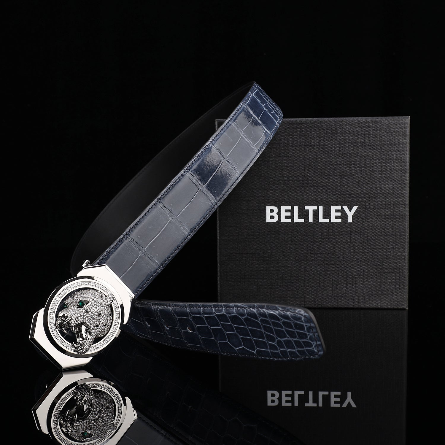 BELTLEY Storm Blue Crocodile Leather Belt – Mirror Shine Exotic Designer Belt