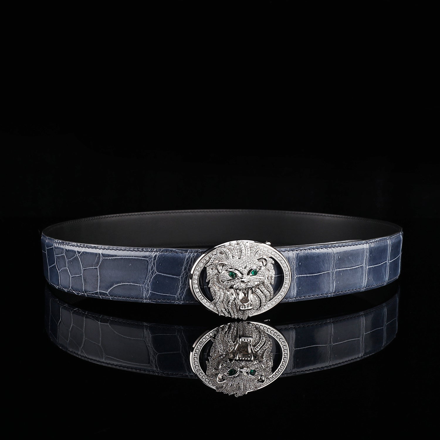 BELTLEY Storm Blue Glossy Crocodile Leather Belt With Lion Buckle