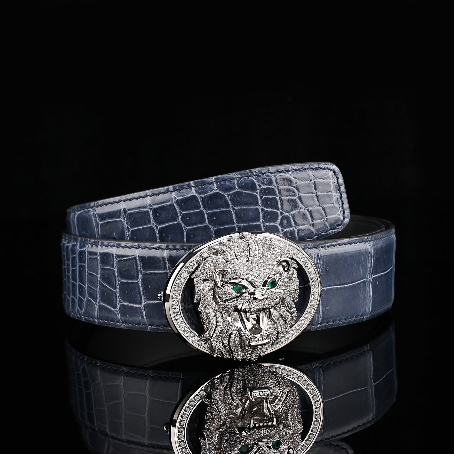 BELTLEY Storm Blue Glossy Crocodile Leather Belt With Lion Buckle