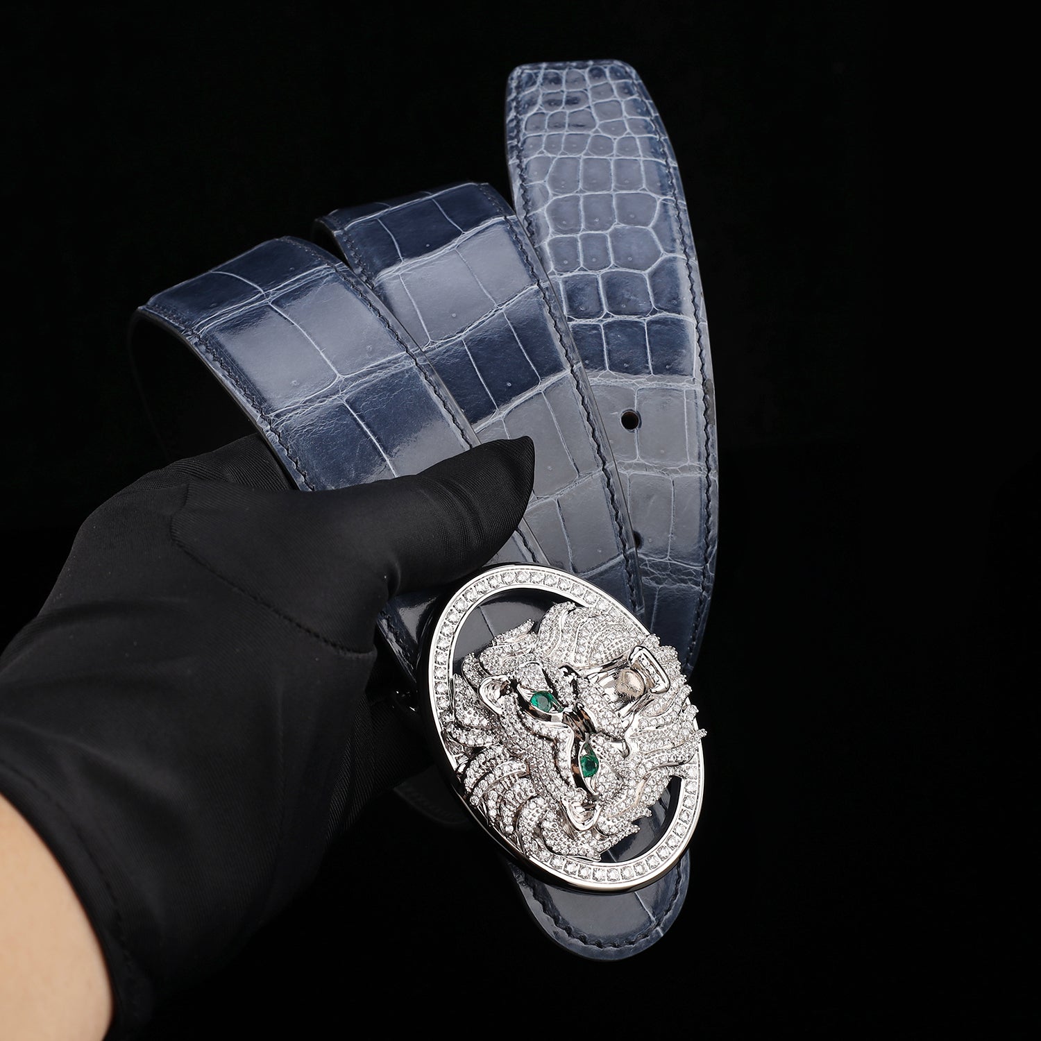 BELTLEY Storm Blue Glossy Crocodile Leather Belt With Lion Buckle