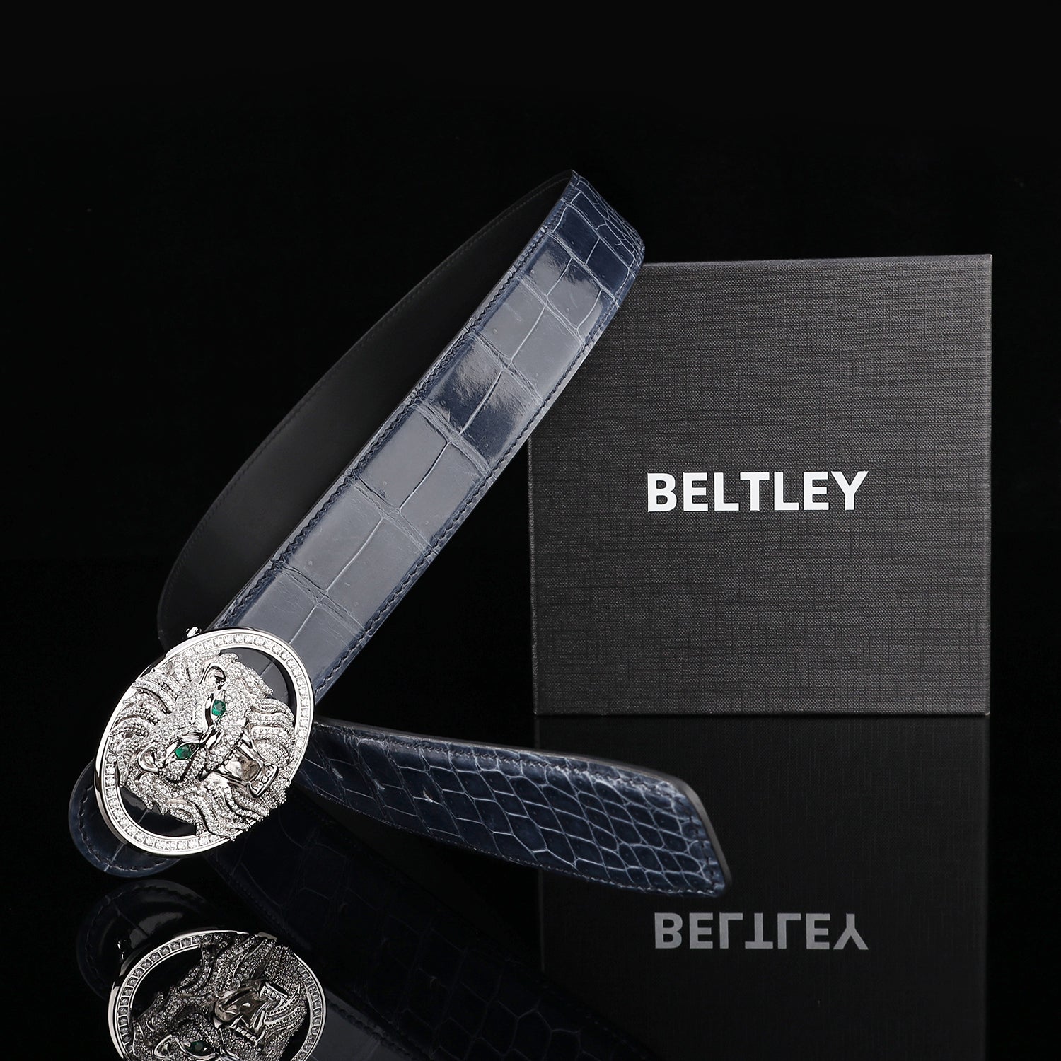 BELTLEY Storm Blue Glossy Crocodile Leather Belt With Lion Buckle