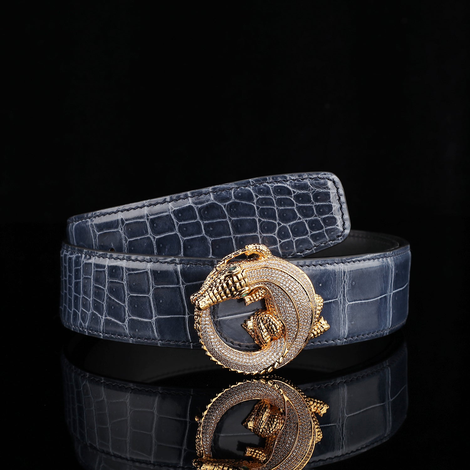 BELTLEY Storm Blue Mirror Finish Crocodile Leather Belt – Premium Exotic Style Belt