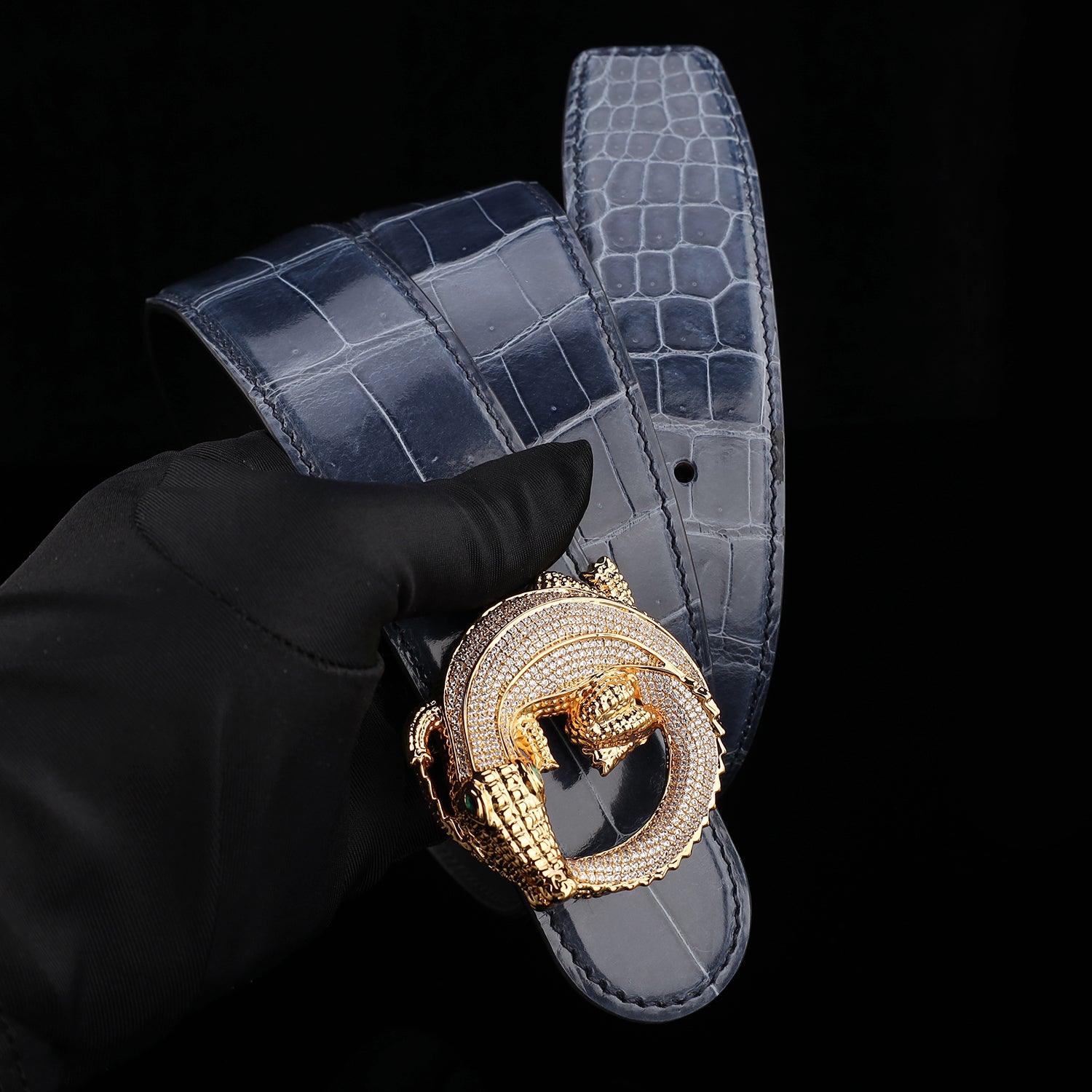 BELTLEY Storm Blue Mirror Finish Crocodile Leather Belt – Premium Exotic Style Belt