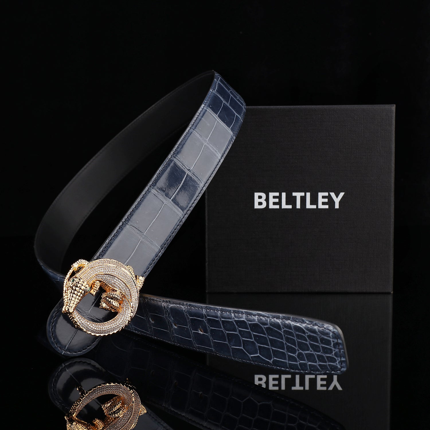 BELTLEY Storm Blue Mirror Finish Crocodile Leather Belt – Premium Exotic Style Belt