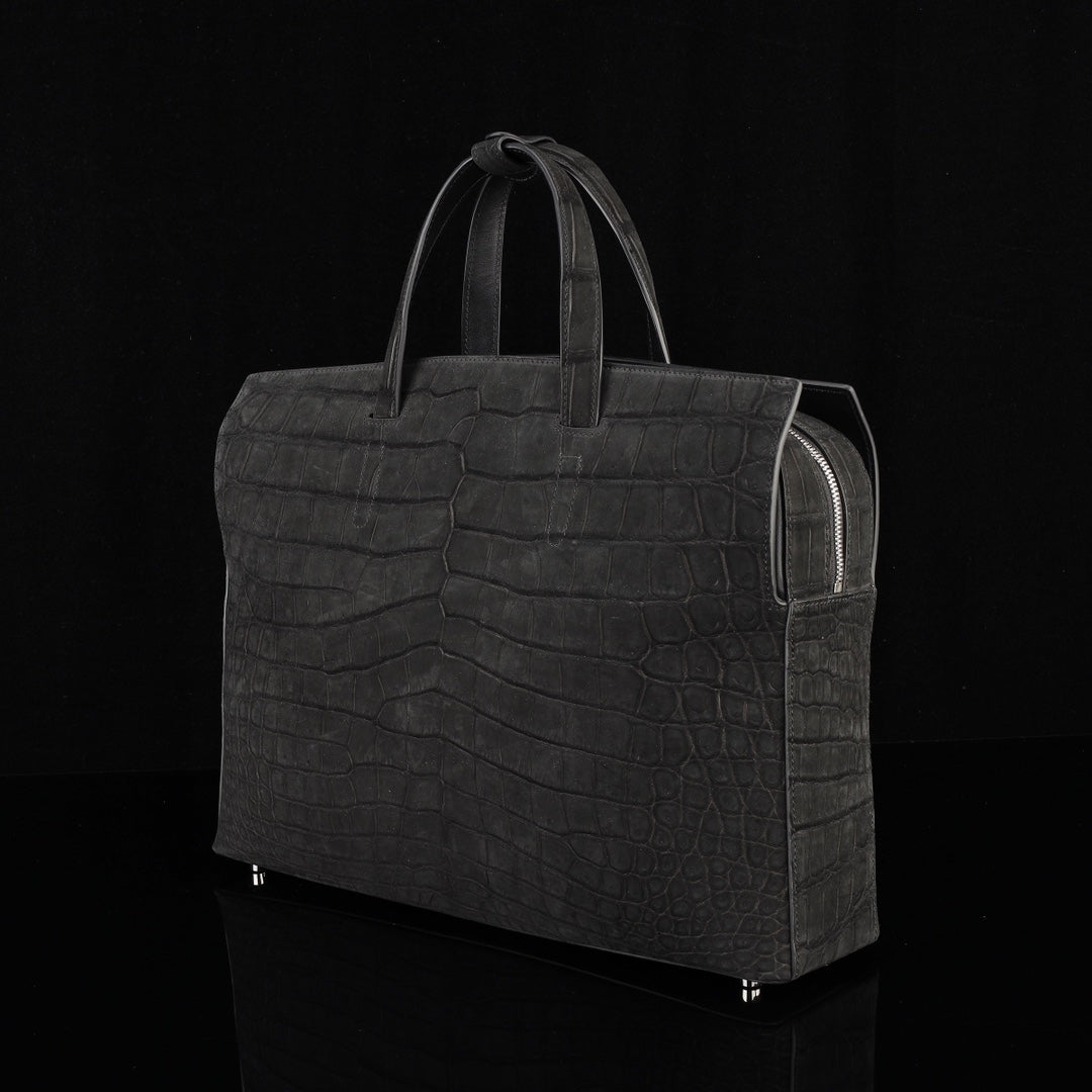 BELTLEY Sueded Nile Crocodile Leather Briefcase – Black Crocodile Bag