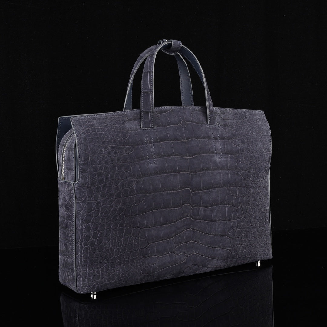 BELTLEY Sueded Nile Crocodile Leather Briefcase – Navy Blue