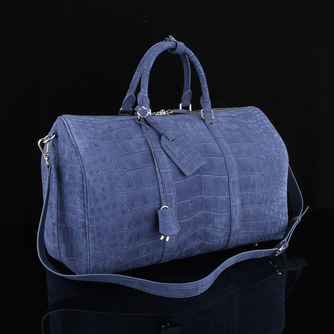 BELTLEY Sueded Slate Blue Nile Crocodile Duffle Bag