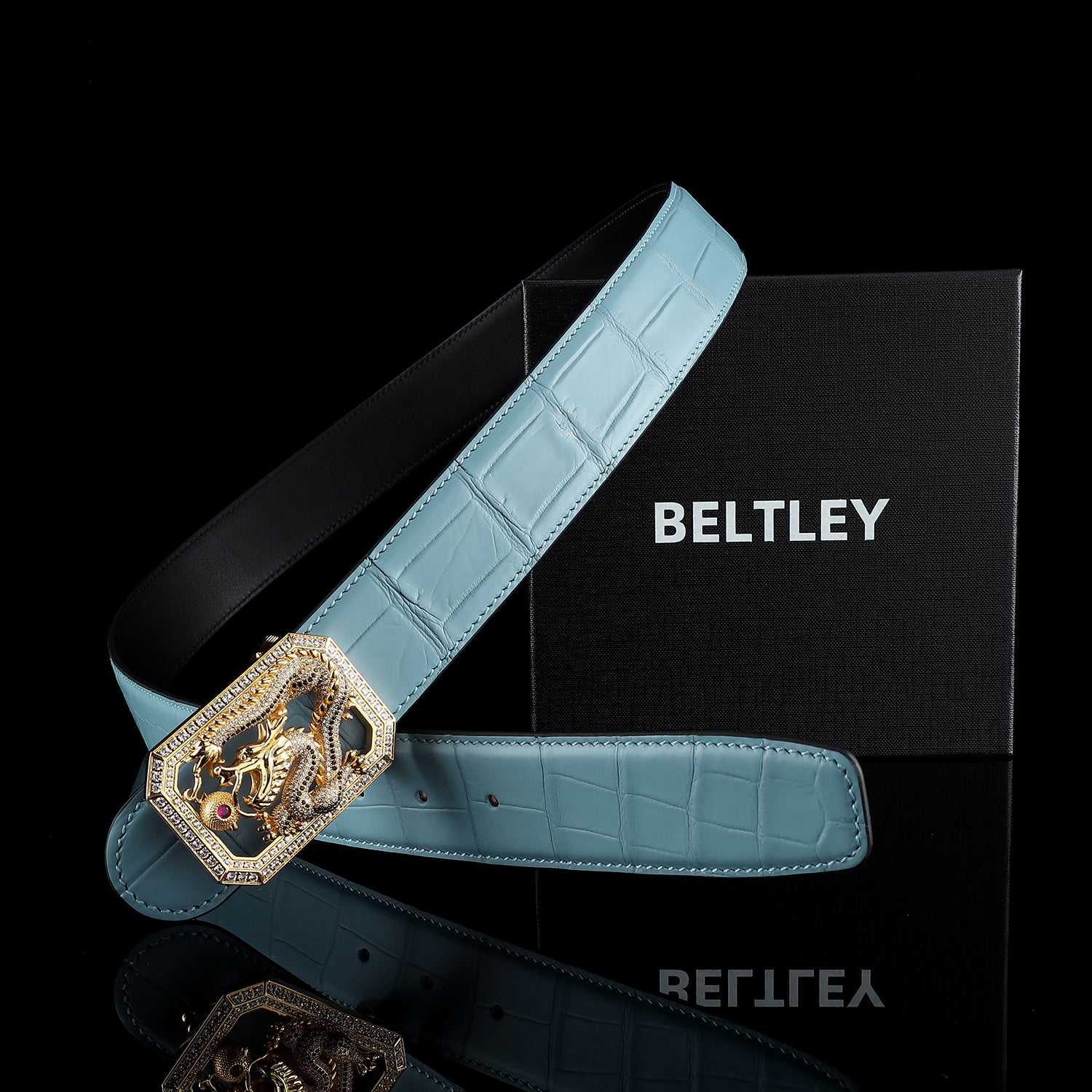 BELTLEY Tiffany Blue Crocodile Leather Belt with Dragon Buckle