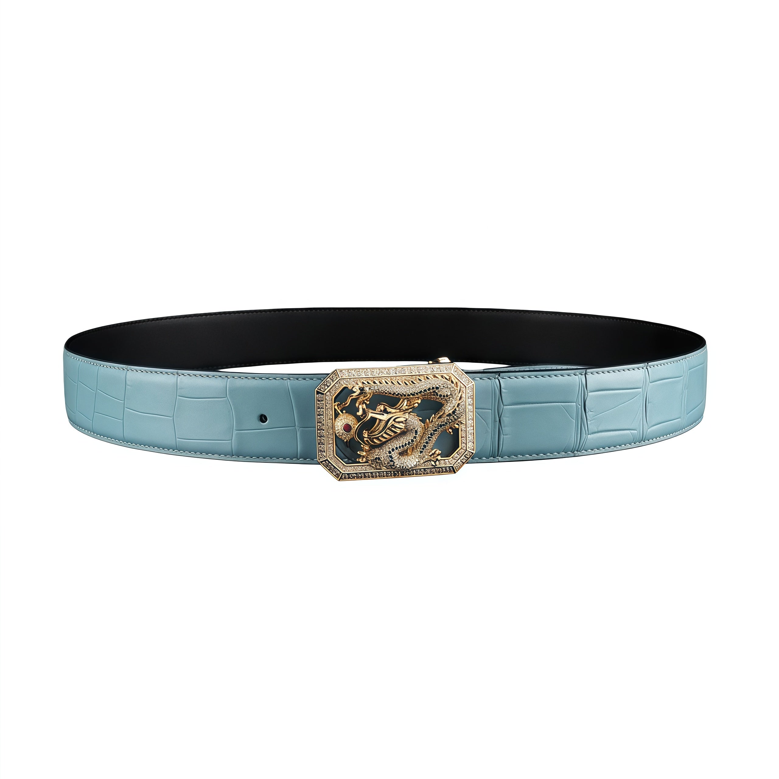 BELTLEY Tiffany Blue Crocodile Leather Belt with Dragon Buckle