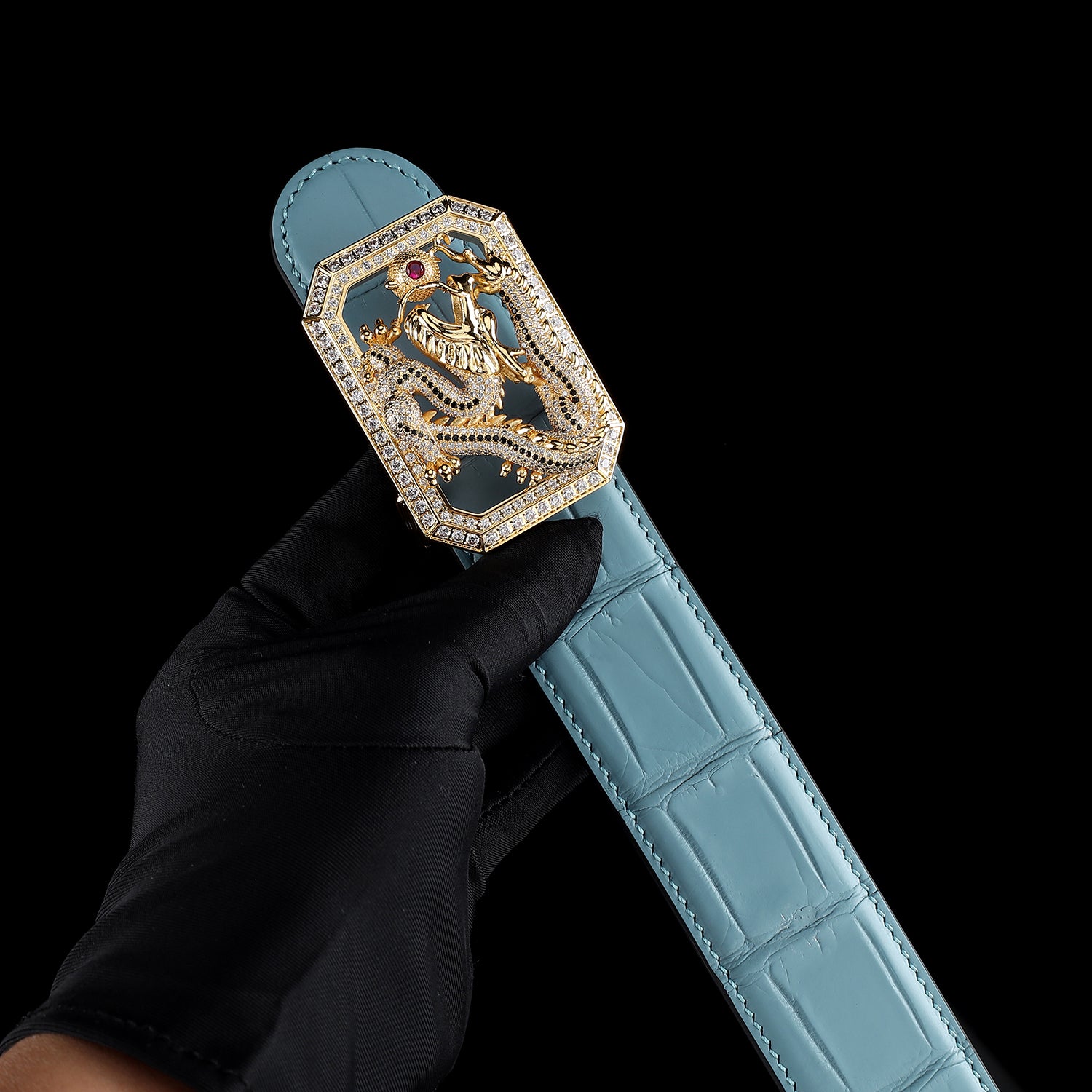 BELTLEY Tiffany Blue Crocodile Leather Belt with Dragon Buckle