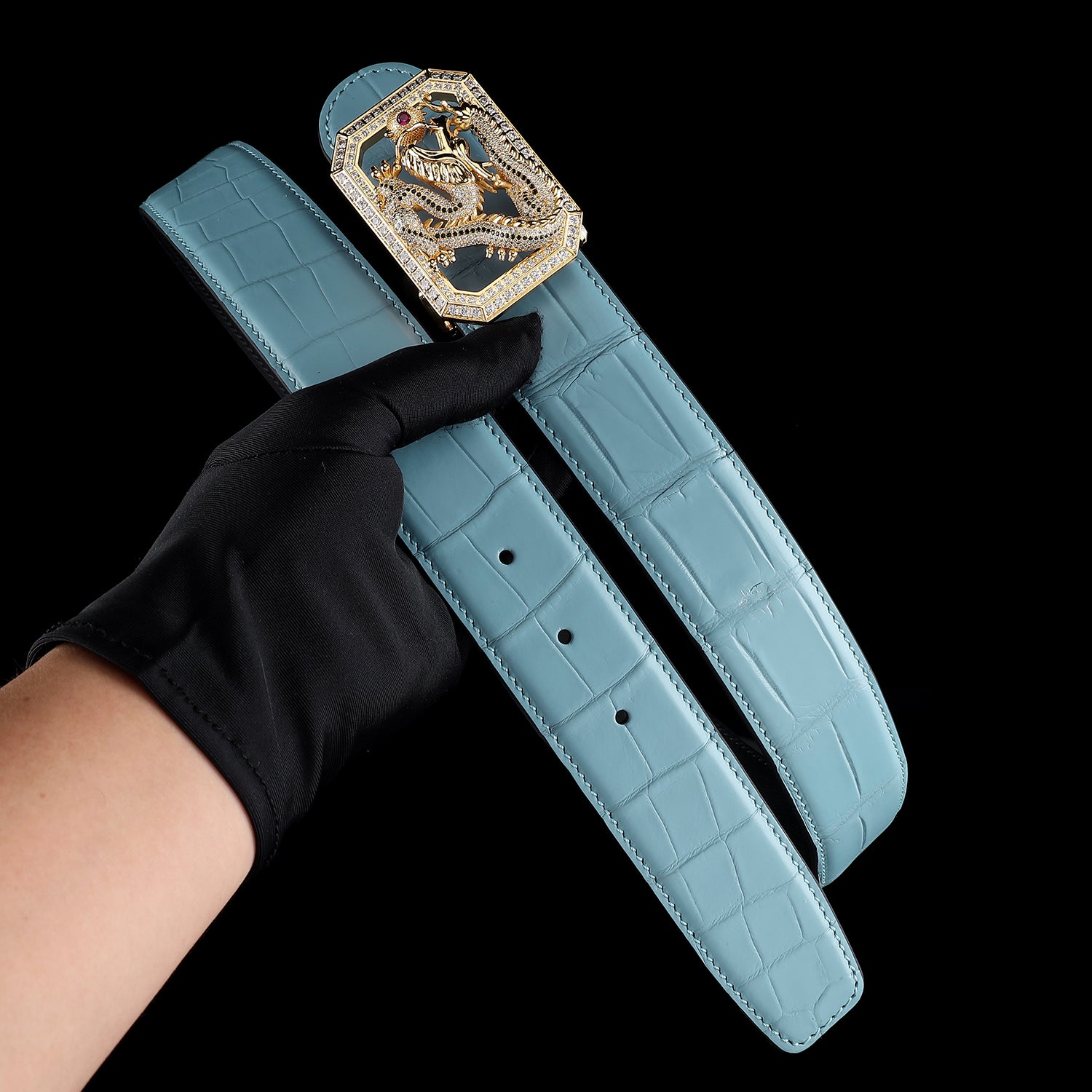 BELTLEY Tiffany Blue Crocodile Leather Belt with Dragon Buckle
