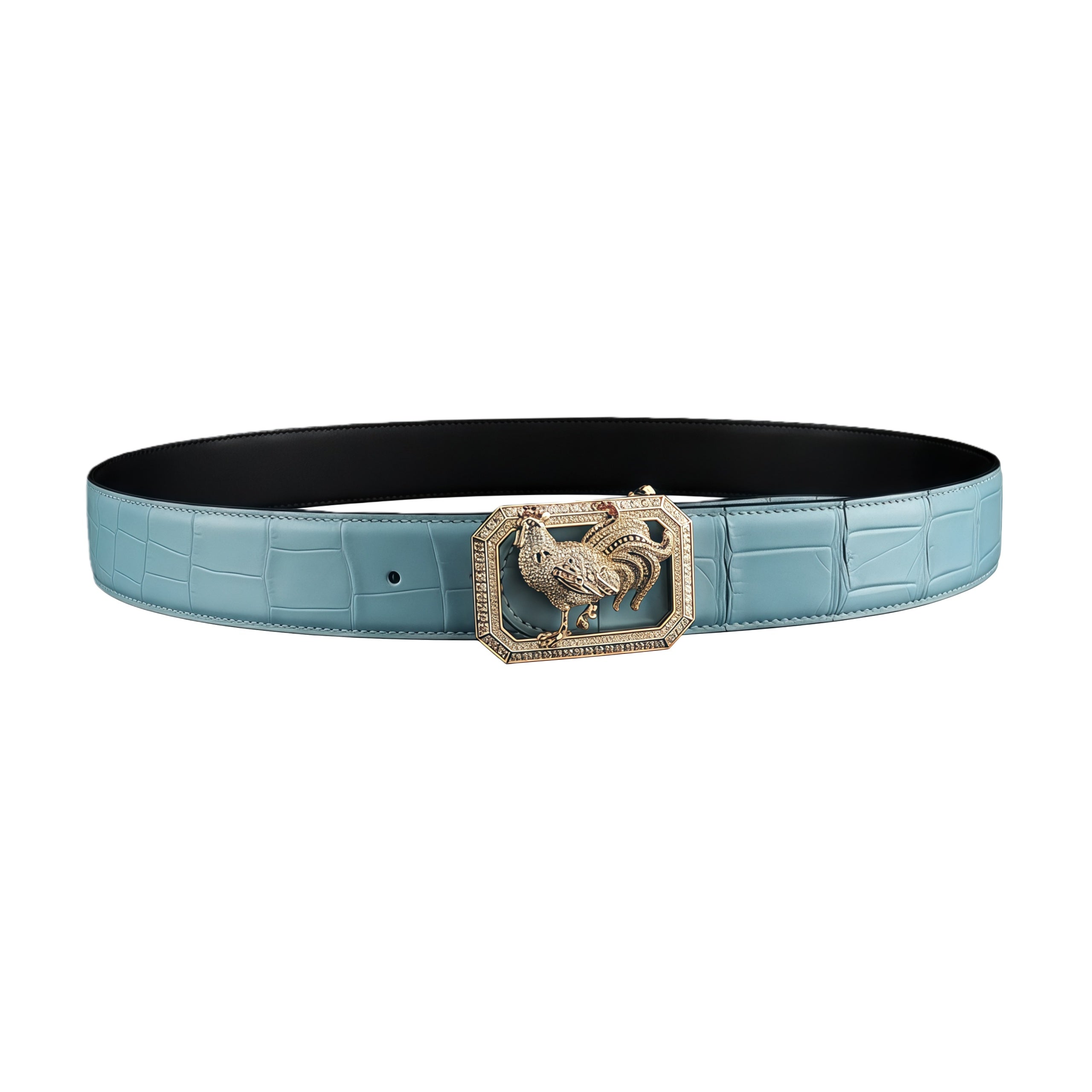 BELTLEY Tiffany Blue Real Crocodile Belt with Rooster Buckle