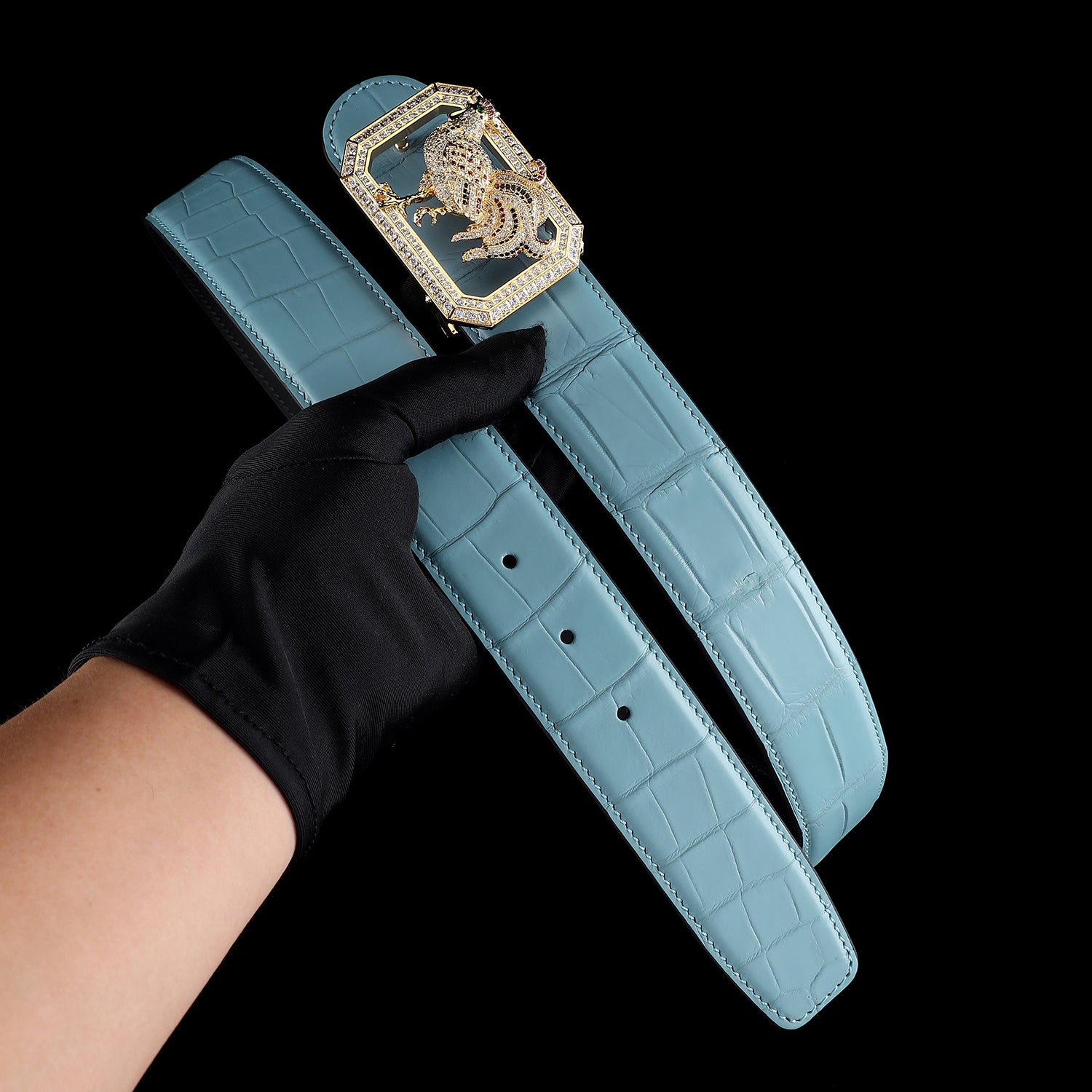 BELTLEY Tiffany Blue Real Crocodile Belt with Rooster Buckle