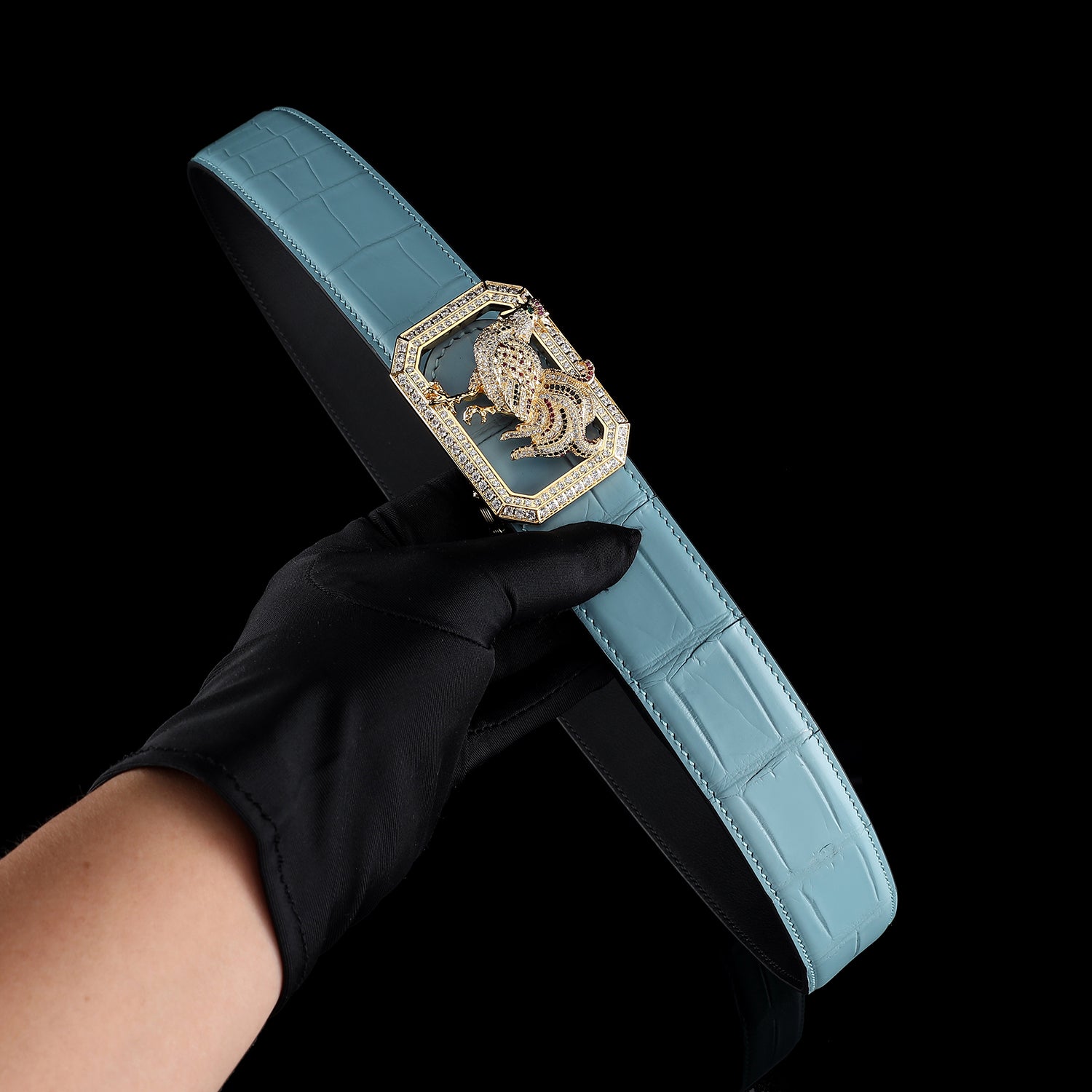 BELTLEY Tiffany Blue Real Crocodile Belt with Rooster Buckle