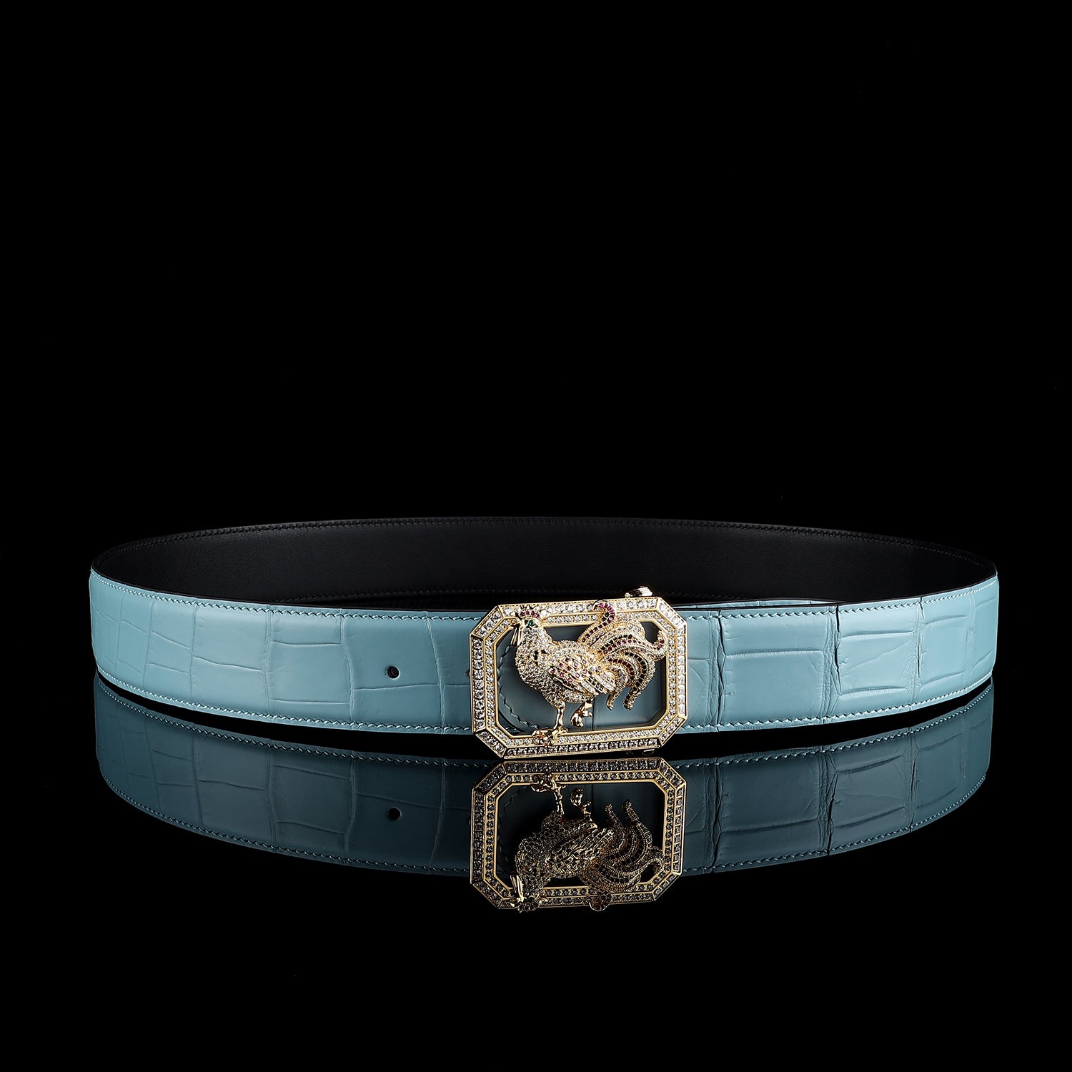 BELTLEY Tiffany Blue Real Crocodile Belt with Rooster Buckle