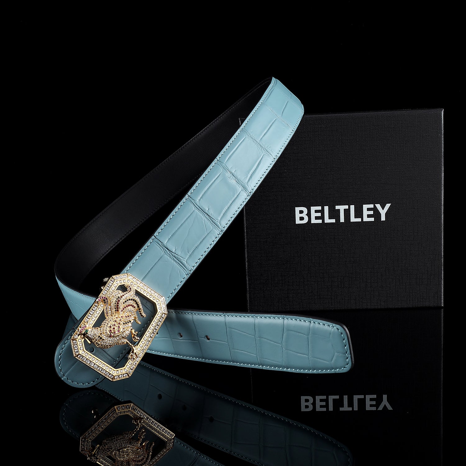 BELTLEY Tiffany Blue Real Crocodile Belt with Rooster Buckle
