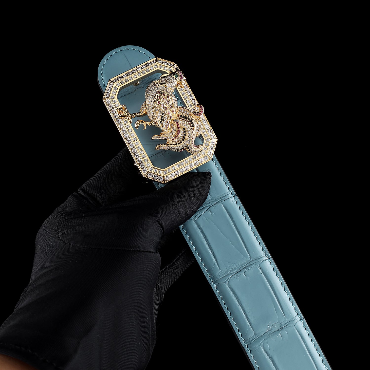 BELTLEY Tiffany Blue Real Crocodile Belt with Rooster Buckle